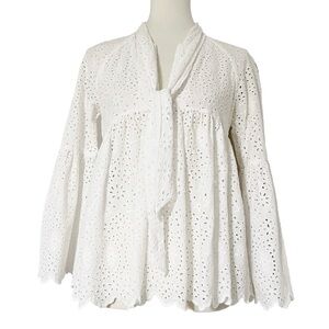 Scotch &‎ Soda Maison Scotch Les Filles Eyelet V-Neck Lapel Bow Blouse in White
